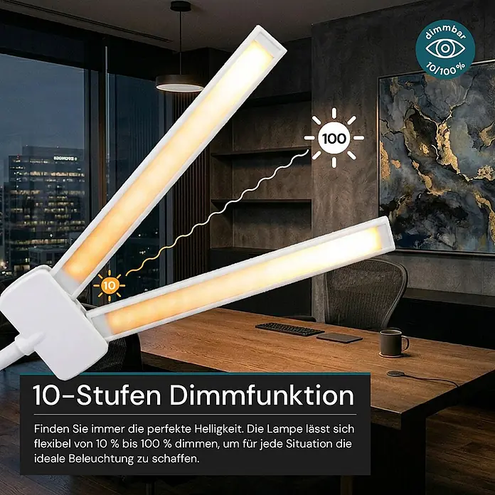 Luxula LED-Klemmleuchte - L x B x H: 80 x 6 x 83 cm, 18 W, Weiß - Weiße dimmbare Schreibtischlampe mit zwei verstellbaren Lichtleisten beleuchtet einen Bürotisch, zeigt 10-100% Helligkeitsbereich.