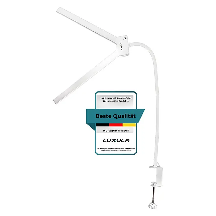 Luxula LED-Klemmleuchte - L x B x H: 80 x 6 x 83 cm, 18 W, Weiß - Weiße LED-Schreibtischlampe mit flexiblem Schwanenhals, zwei verstellbaren Leuchtarmen und Klemmfuß.