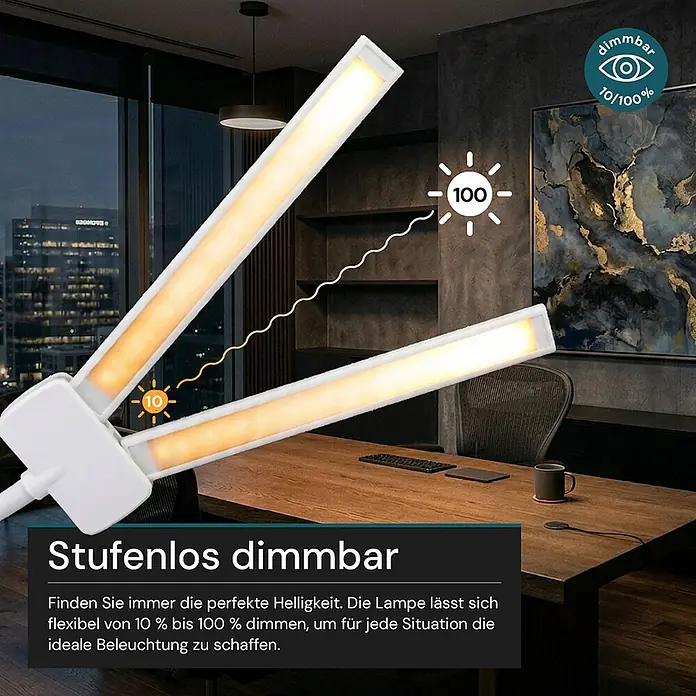 Luxula LED-Stehleuchte - 24 W, Höhe: 163 cm, Weiß - Dimmbare LED-Schreibtischlampe im Büro, die ihre stufenlose Helligkeitsanpassung von 10-100% zeigt.