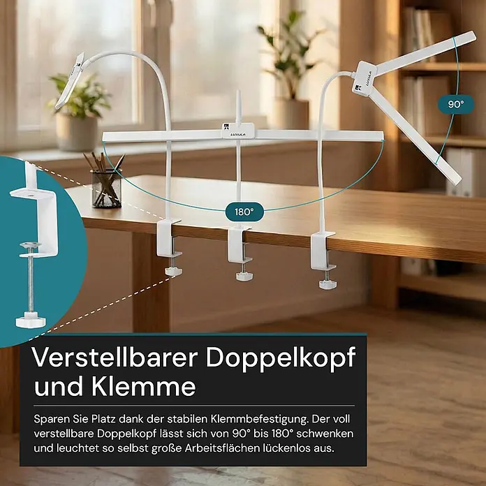 Luxula LED-Klemmleuchte - L x B x H: 80 x 6 x 83 cm, 18 W, Weiß - Weiße Doppelkopflampe mit flexiblen Armen und Klemmhalterungen, 90°-180° verstellbar für breite Beleuchtung.