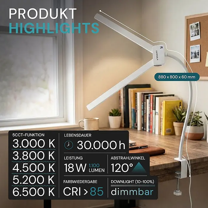 Luxula LED-Klemmleuchte - L x B x H: 80 x 6 x 83 cm, 18 W, Weiß - Weiße Klemm-Schreibtischlampe mit zwei verstellbaren Lichtpaneelen und flexiblem Arm auf einem Holzschreibtisch. Mit 5 CCT-Funktionen, Dimmung und 120° Abstrahlwinkel.