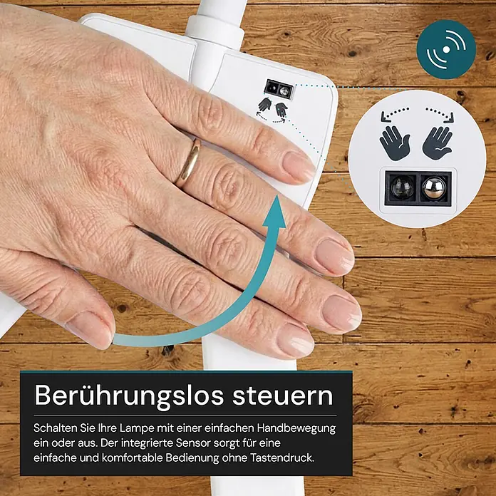 Luxula LED-Stehleuchte - 24 W, Höhe: 163 cm, Weiß - Weißes Lampensteuergerät mit integriertem Sensor für kontaktlose Bedienung. Eine Hand demonstriert die Ein-/Ausschaltfunktion per Geste.