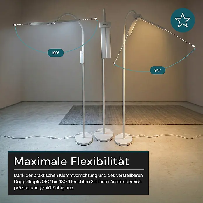 Luxula LED-Stehleuchte - 24 W, Höhe: 163 cm, Weiß - Drei weiße Stehlampen demonstrieren flexible, verstellbare Köpfe von 90° bis 180° für präzise und großflächige Beleuchtung.