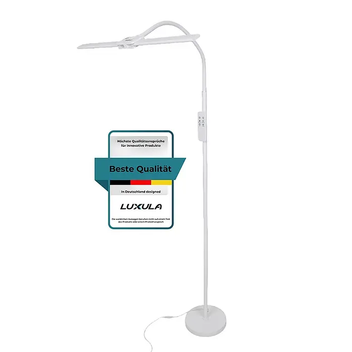 Luxula LED-Stehleuchte - 24 W, Höhe: 163 cm, Weiß - Weiße LED-Stehlampe mit verstellbarem Arm und flachem Leuchtkopf auf rundem Sockel.