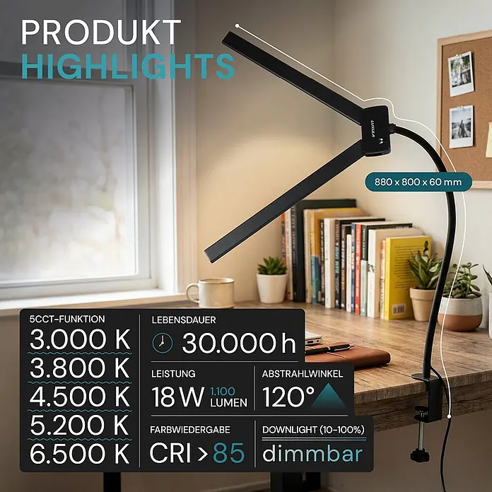Luxula LED-Klemmleuchte - L x B x H: 80 x 6 x 83 cm, 18 W, Schwarz - Schwarze Klemm-Schreibtischlampe mit zwei verstellbaren Armen, die einen Holztisch beleuchtet. Maße: 880x800x60 mm.