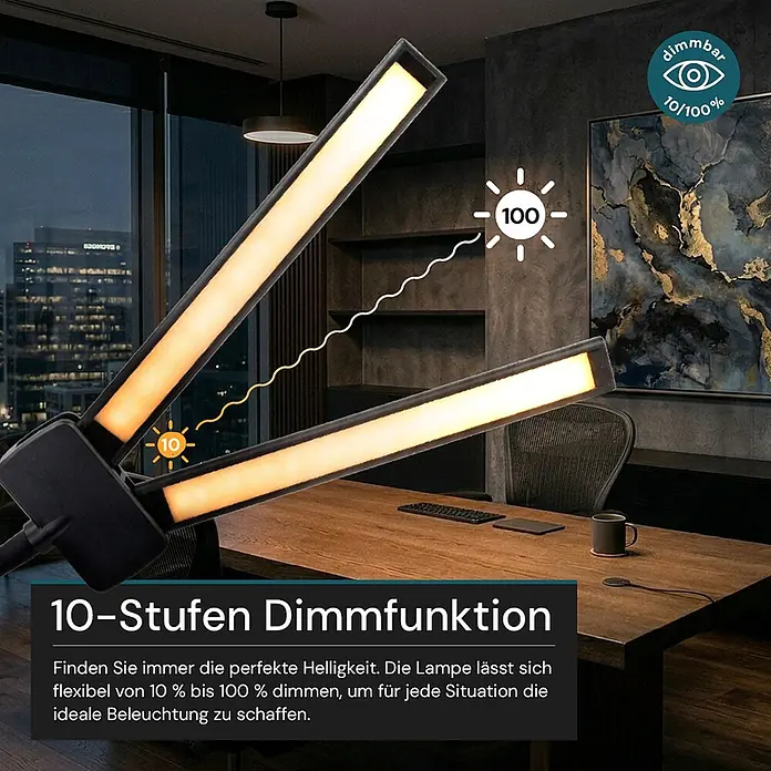 Luxula LED-Klemmleuchte - L x B x H: 80 x 6 x 83 cm, 18 W, Schwarz - Schwarze, zweiarmige Schreibtischlampe mit warmem Licht, die auf einem Bürotisch bei 10% und 100% Dimmung gezeigt wird.