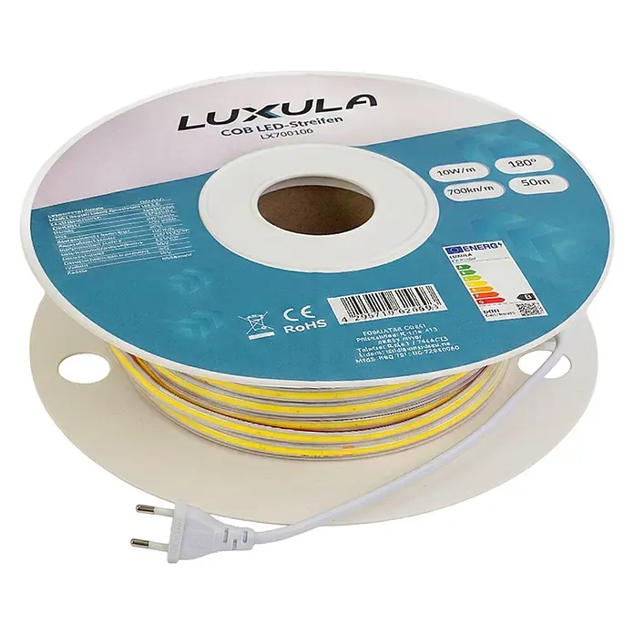 Luxula LED-Lichtschlauch - Länge: 2.500 cm - Luxula COB LED-Streifen auf Rolle, mit weißem Netzstecker. Der gelbe Lichtstreifen ist auf einer weißen Spule aufgewickelt.