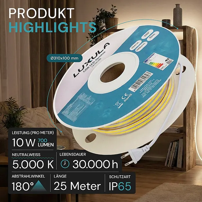 Luxula LED-Lichtschlauch - Länge: 2.500 cm - Eine Rolle Luxula COB LED-Streifen, teilweise abgerollt und eine Zimmerecke beleuchtend. Wichtige Produktspezifikationen sind hervorgehoben.