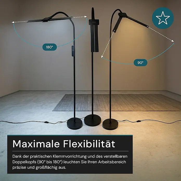 Luxula LED-Stehleuchte - 24 W, Höhe: 163 cm, Schwarz - Schwarze Stehleuchte mit verstellbarem Kopf (90-180°) für flexible und präzise Beleuchtung.