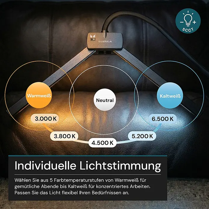 Luxula LED-Stehleuchte - 24 W, Höhe: 163 cm, Schwarz - Schwarze Monitorleuchte mit flexiblem Arm, zeigt 5 einstellbare Farbtemperaturen von Warmweiß (3000K) bis Kaltweiß (6500K).