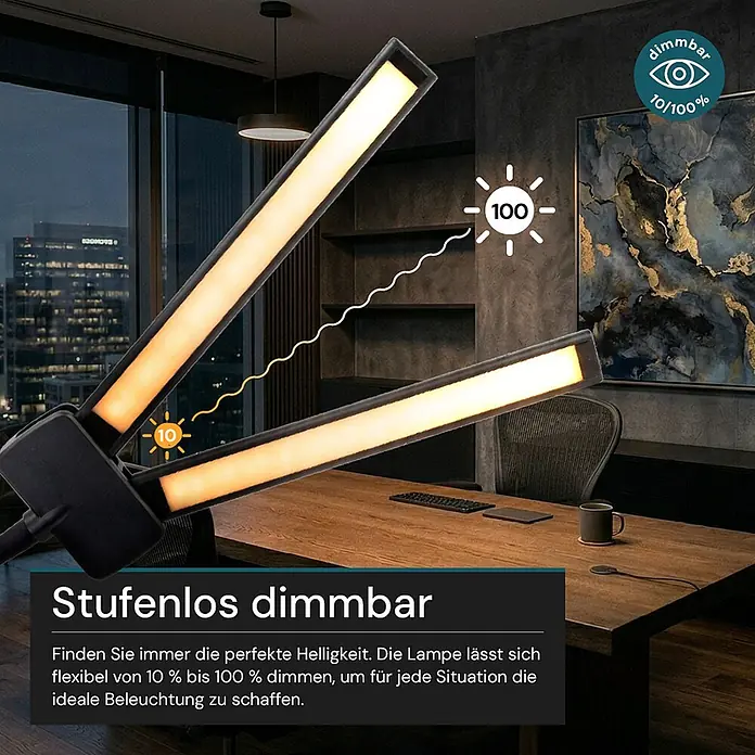 Luxula LED-Stehleuchte - 24 W, Höhe: 163 cm, Schwarz - Dimmbare schwarze LED-Schreibtischlampe in Büroumgebung, zeigt Helligkeitsregelung von 10% bis 100%.