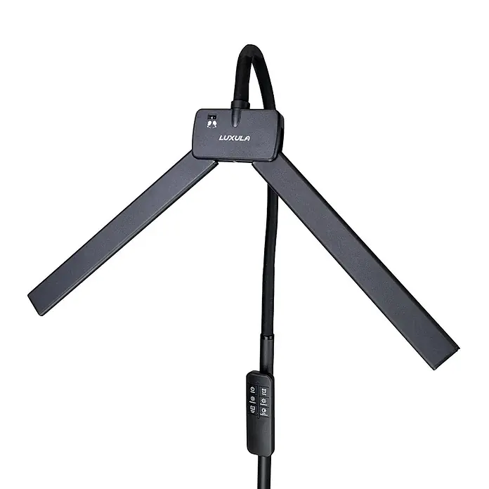 Luxula LED-Stehleuchte - 24 W, Höhe: 163 cm, Schwarz - Schwarze LUXULA Dual-Arm-Lampe mit flexiblem Hals und Bedienfeld am Ständer für einstellbare Beleuchtung.