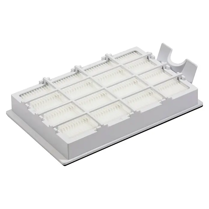 Makita Akku-Rucksackstaubsauger - 40 V, Behältervolumen: 2 l - Weißer rechteckiger Filter mit plissiertem Material in einem Gitterrahmen und integriertem Griff.