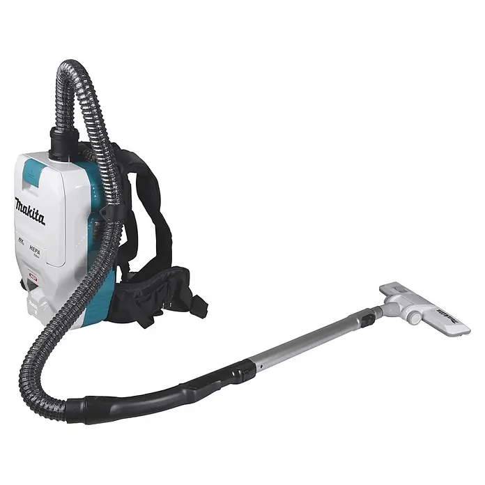 Makita Akku-Rucksackstaubsauger - 40 V, Behältervolumen: 2 l - Ein weiß-türkiser Makita Rucksackstaubsauger mit schwarzem Schlauch und silberner Saugstange mit Bodendüse.