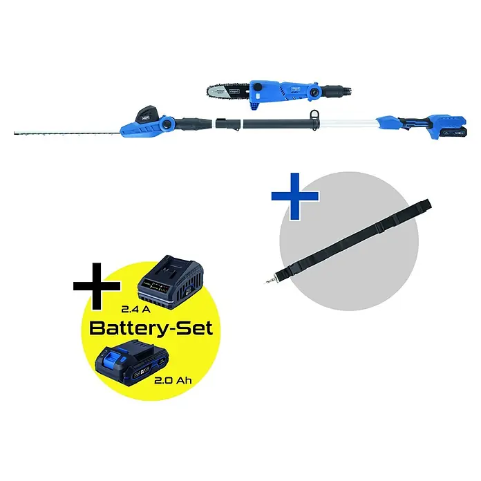 Scheppach IXES 20V Akku-Multitool C-PHTS410-X Set S - 1 Akku, Schnittlänge: 18 cm - Blau-schwarzes Akku-Multifunktionsgerät mit Heckenscheren- und Hochentaster-Aufsätzen, sowie Akku-Set und schwarzem Tragegurt.