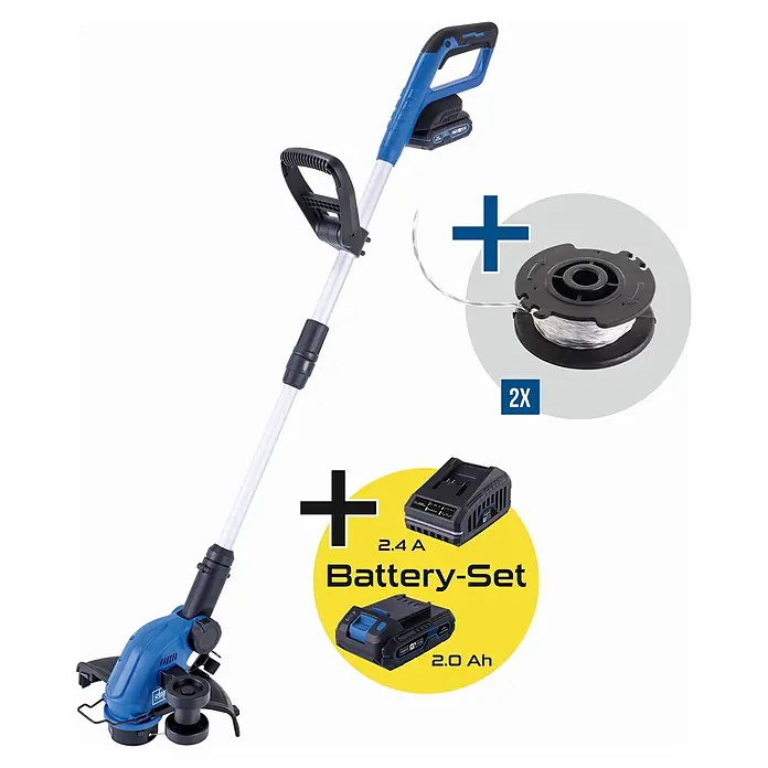 Scheppach IXES 20V Akku-Rasentrimmer C-LT300-X Set S - 20 V, 2 Ah, Li-Ionen, 1 Akku, Schnittbreite Faden: 300 mm - Blauer Akku-Rasentrimmer mit 2.0 Ah Akku, 2.4 A Ladegerät und zwei Fadenspulen.