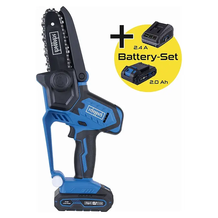 Scheppach IXES 20V Einhand-Akku-Kettensäge C-PS100-X - 20 V, 2 Ah, Li-Ionen, 1 Akku, Schwertlänge: 15 cm - Blaue und schwarze Akku-Mini-Kettensäge mit enthaltenem Akku-Set (Akku und Ladegerät).