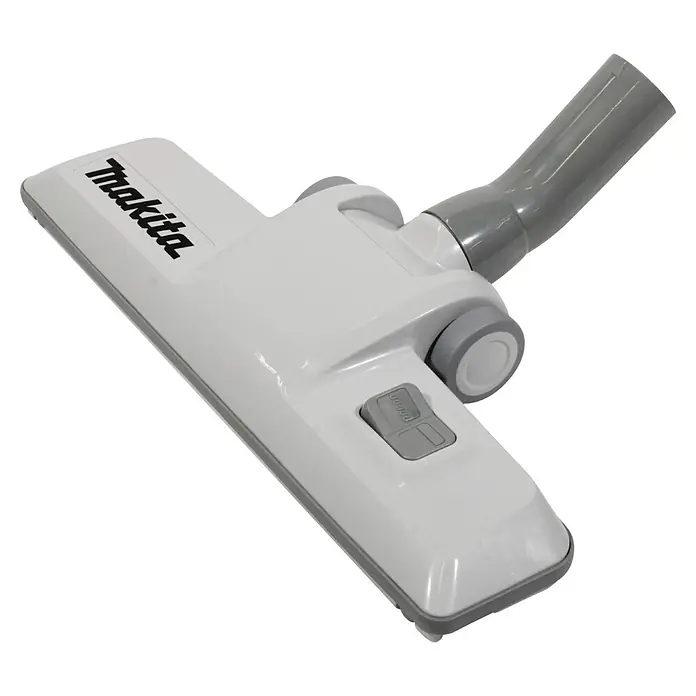 Makita Akku-Rucksackstaubsauger - 40 V, Behältervolumen: 2 l - Weißer Makita Staubsauger-Bodenaufsatz mit grauen Akzenten, Schalter und Rollen.