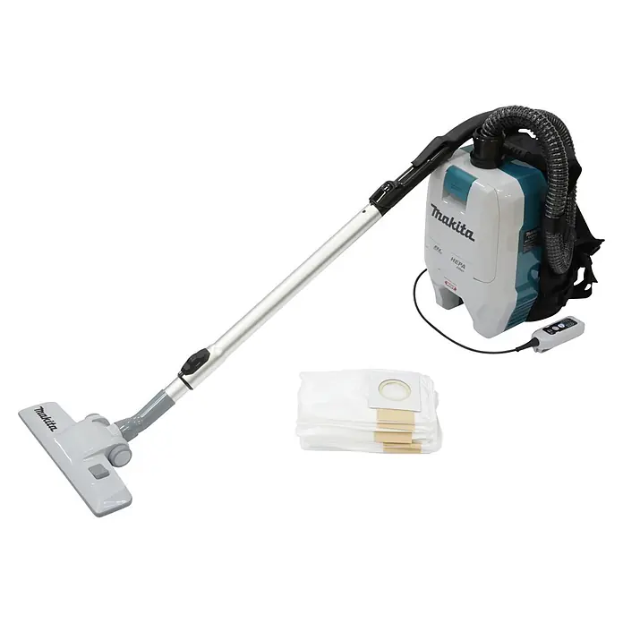 Makita Akku-Rucksackstaubsauger - 40 V, Behältervolumen: 2 l - Weiß-türkiser Makita Rucksackstaubsauger mit langem Rohr, Bodendüse und mehreren Filterbeuteln.