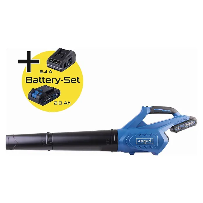 Scheppach IXES 20V Akku-Laubbläser C-BL700-X Set S - 20 V, 1 Akku, 2 Ah, Blasgeschwindigkeit: 32 m/s - 155 km/h, Blasleistung: 516 m³/h - Blauer und schwarzer Scheppach Laubbläser mit Akku und Ladegerät-Set.