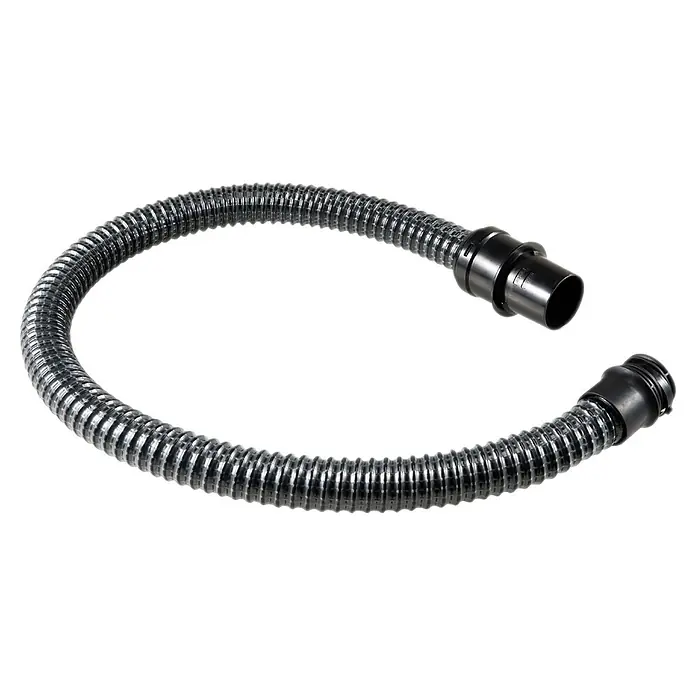 Makita Akku-Rucksackstaubsauger - 40 V, Behältervolumen: 2 l - Dunkelgrauer Wellschlauch mit schwarzen Anschlüssen an beiden Enden, oval geformt.