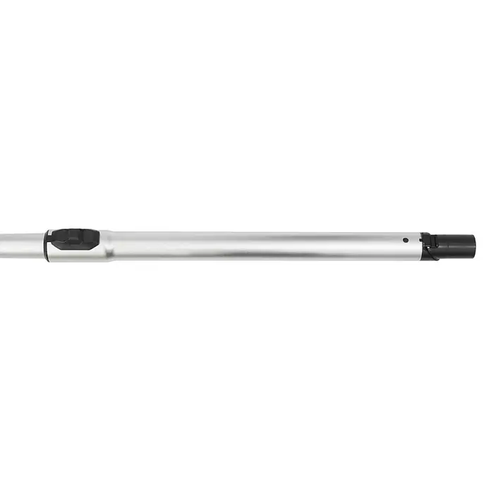 Makita Akku-Rucksackstaubsauger - 40 V, Behältervolumen: 2 l - Silberfarbenes Verlängerungsrohr für Staubsauger, mit schwarzen Anschlüssen und einem Entriegelungsknopf.