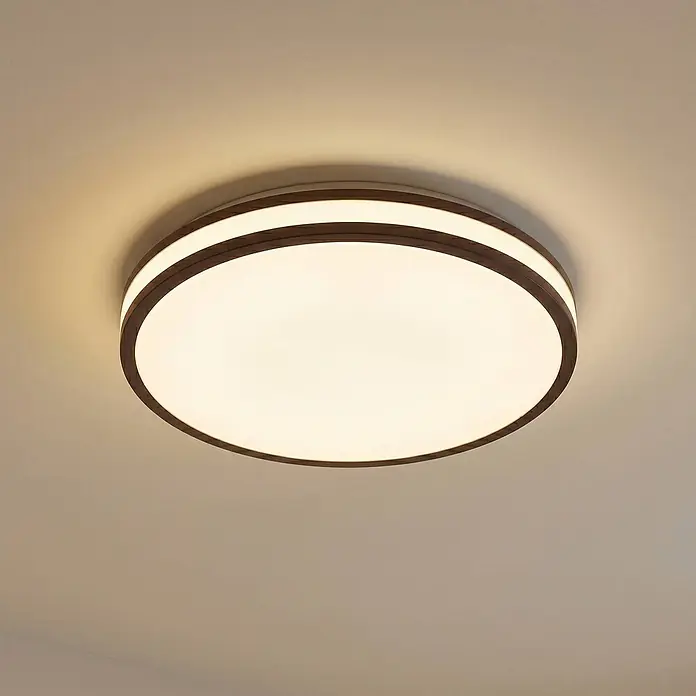 Lindby Deckenleuchte Emiva - L x B x H: 39,5 x 39,5 x 8 cm, Holz dunkel - Runde LED-Deckenleuchte mit dunkelbraunem Rahmen, weißem beleuchteten Diffusor und leuchtendem Außenring.