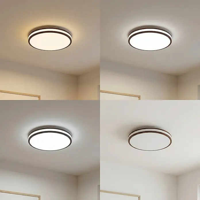 Lindby Deckenleuchte Emiva - L x B x H: 39,5 x 39,5 x 8 cm, Holz dunkel - Runde LED-Deckenleuchte mit dunkelbraunem Rahmen und weißem Diffusor, mit verschiedenen einstellbaren Farbtemperaturen dargestellt.