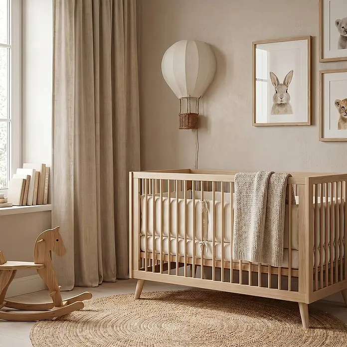 Lindby Wandleuchte innen in beige, holz, Wandlampe -  - Gemütliches, neutral getöntes Kinderzimmer mit hellem Holzbettchen, Heißluftballonlampe und Tierbildern. Mit Naturmaterialien.