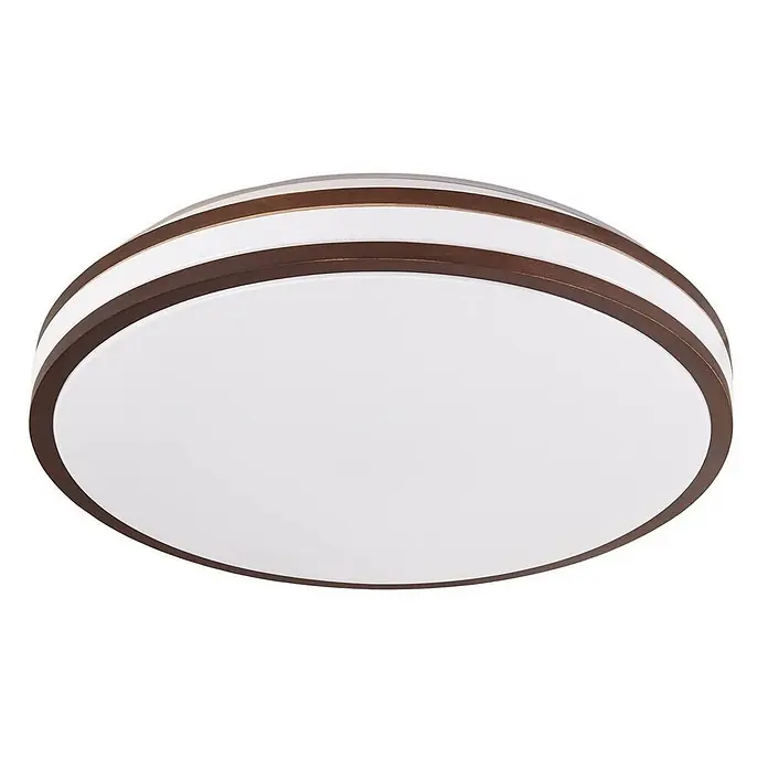 Lindby Deckenleuchte Emiva - L x B x H: 39,5 x 39,5 x 8 cm, Holz dunkel - Runde Deckenleuchte mit braunen Ringen und weißem Diffusor.
