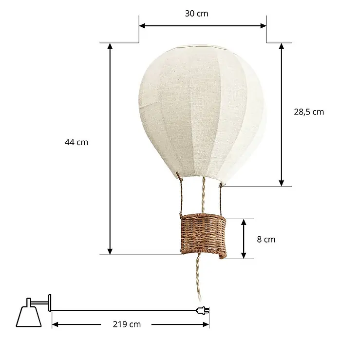 Lindby Wandleuchte innen in beige, holz, Wandlampe -  - Lampe in Form eines Heißluftballons aus hellem Stoff mit Weidenkorb und Stromkabel. Gesamthöhe 44 cm, Kabellänge 219 cm.