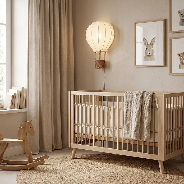 Lindby Wandleuchte innen in beige, holz, Wandlampe -  - Heißluftballon-Wandleuchte aus Naturstoff und Korbgeflecht, spendet warmes Licht im Kinderzimmer.