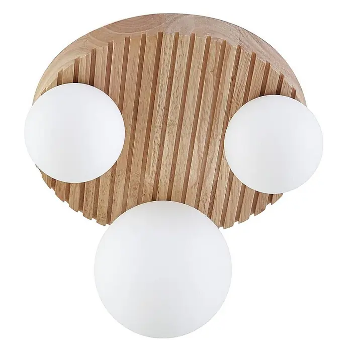 Lindby Deckenleuchte Mori - L x B x H: 34 x 34 x 19 cm, Holz hell, weiß / opal, G9 - Deckenleuchte aus Holz mit gerippter runder Basis und drei weißen kugelförmigen Lichtdiffusoren.