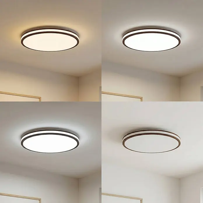 Lindby LED Deckenlampe in dunkelbraun, weiß, dimmbar Deckenleuchte -  - Runde LED-Deckenleuchte mit dunklem Rahmen und weißem Diffusor, gezeigt mit warm-, neutral- und kaltweißem Licht sowie ausgeschaltet.