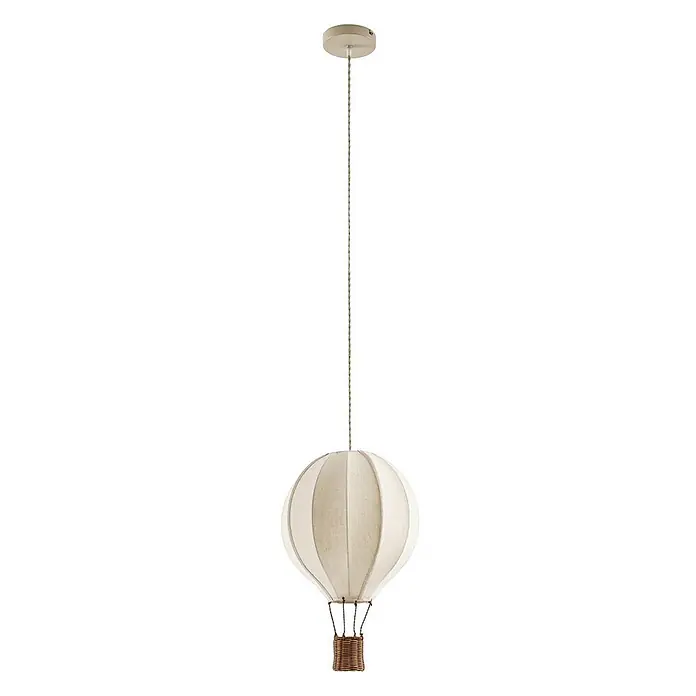 Lindby Pendelleuchte in beige, holz, Hängelampe -  - Creme-farbene Heißluftballon-Pendelleuchte aus Stoff mit Weidenkorb und gedrehtem Textilkabel.