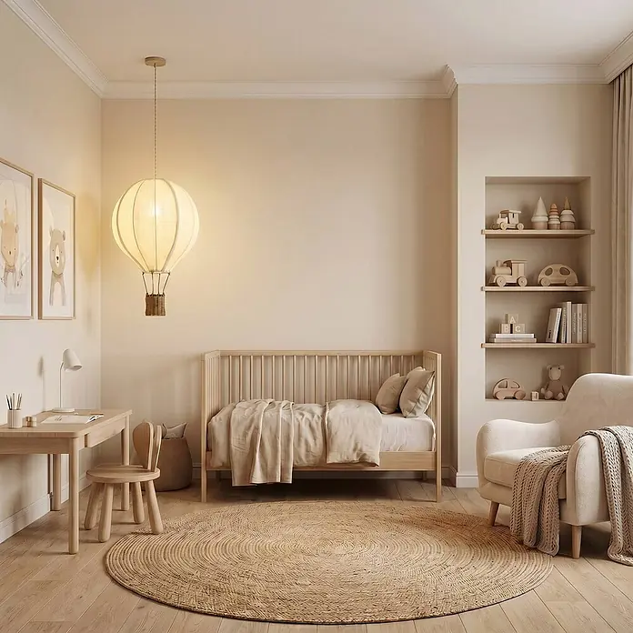 Lindby Pendelleuchte in beige, holz, Hängelampe -  - Helle Stoff-Heißluftballon-Deckenlampe mit Weidenkorb, die ein gemütliches Kinderzimmer beleuchtet.
