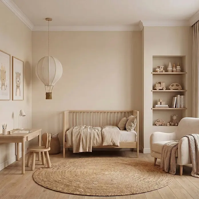 Lindby Pendelleuchte in beige, holz, Hängelampe -  - Ein gemütliches Kinderzimmer in neutralen Tönen mit hellem Holzbett, Schreibtisch und Stuhl, Heißluftballon-Pendelleuchte und rundem Webteppich.