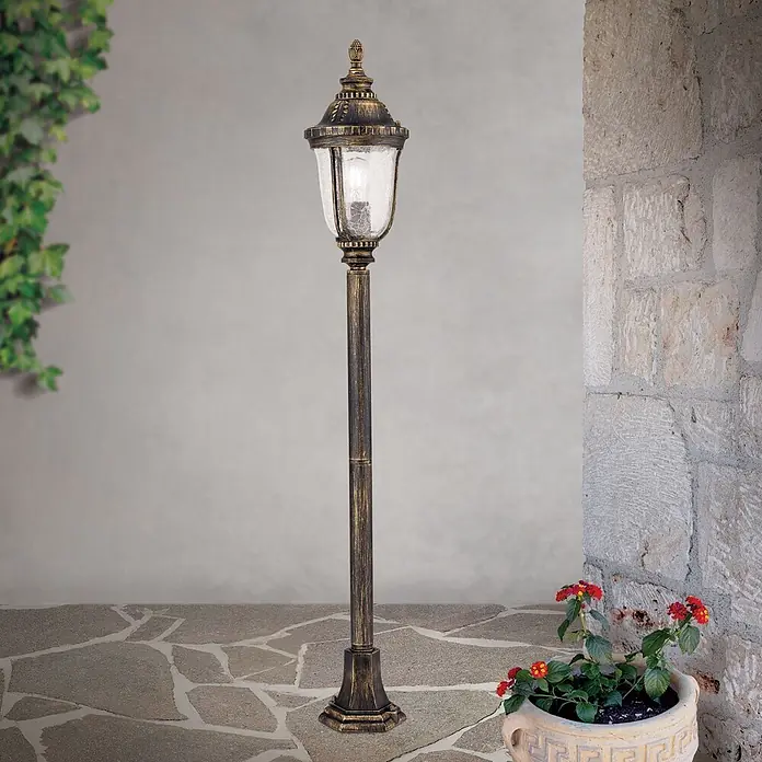 Orion Leuchten Außensockelleuchte - Ohne Leuchtmittel - Bronze Außenlaterne mit Craqueléglas, ideal für Garten- oder Terrassenbeleuchtung.