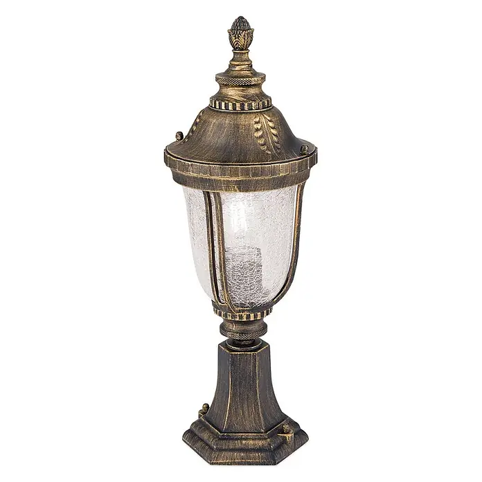 Orion Leuchten Außensockelleuchte - 17 x 17 x 51 cm, Ohne Leuchtmittel - Verzierte bronzefarbene Außenlaterne mit Craquelé-Glasschirm und dekorativer Spitze.