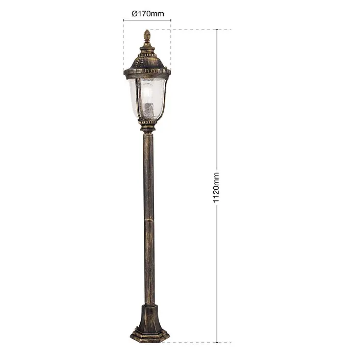 Orion Leuchten Außensockelleuchte - Ohne Leuchtmittel - Klassische Außenstehleuchte in Altbronze-Optik mit Craqueléglas-Schirm, 1120mm hoch.