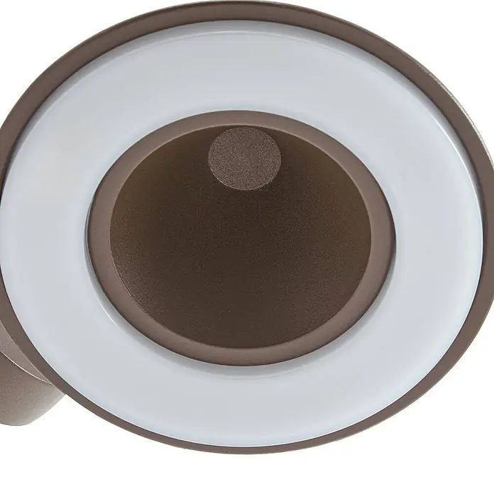 Lindby Außenwandleuchte Soran - braun / rost, braun / rost, IP44 - Runde dunkelbraune LED-Außenleuchte mit strukturierter Oberfläche und weißem Leuchtring.