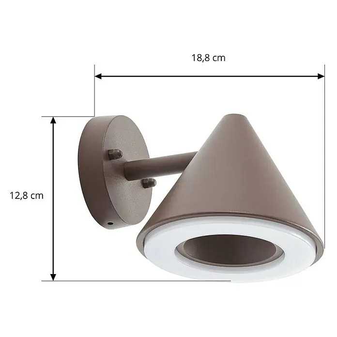 Lindby Außenwandleuchte Soran - braun / rost, braun / rost, IP44 - Braune konische Wandleuchte mit weißem Lichtring, 12,8 cm hoch und 18,8 cm tief.