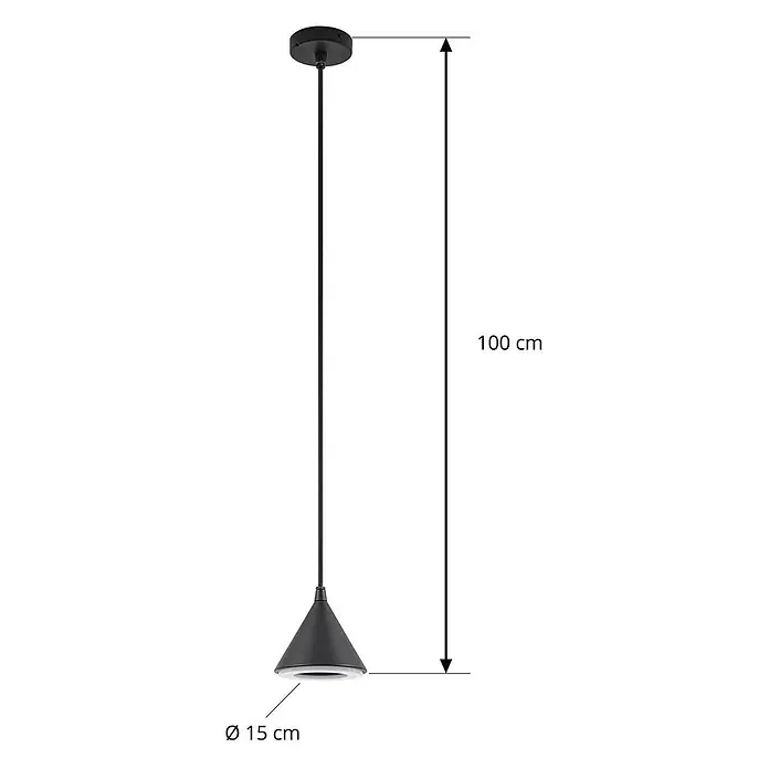 Lindby Außenwand- & Deckenleuchte Soran - L x B x H: 15 x 15 x 14,1 cm, schwarz, schwarz, IP44 - Schwarze Pendelleuchte mit konischem Schirm, 100 cm lang, 15 cm Durchmesser.