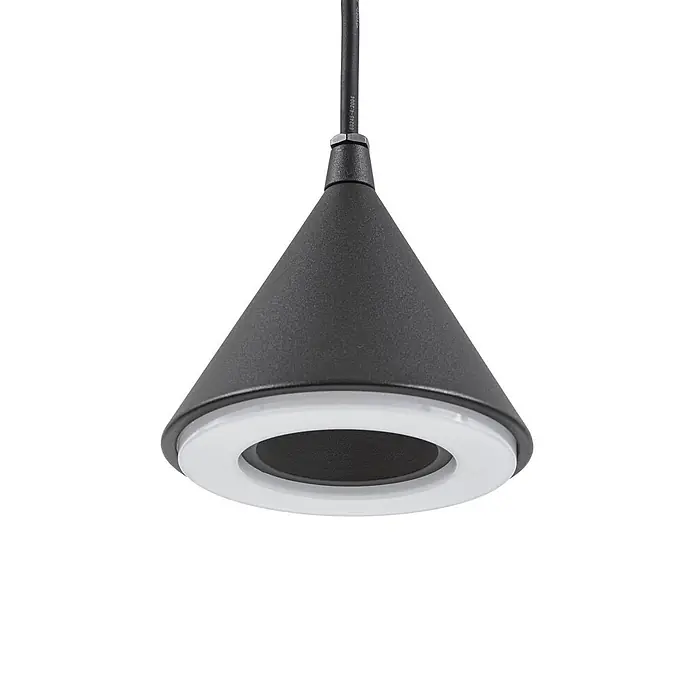 Lindby Außenwand- & Deckenleuchte Soran - L x B x H: 15 x 15 x 14,1 cm, schwarz, schwarz, IP44 - Dunkelgraue konische LED-Lampe mit weißem Lichtring, an einem schwarzen Kabel aufgehängt.