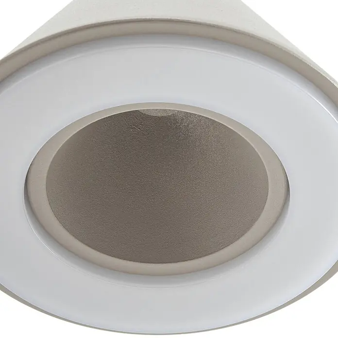 Lindby Außenwandleuchte Soran - alu / grau / zink, alu / grau / zink, IP44 - Runde Einbauleuchte mit hellgrauem Gehäuse, weißem Diffusor und dunkelgrauer texturierter Innenseite.
