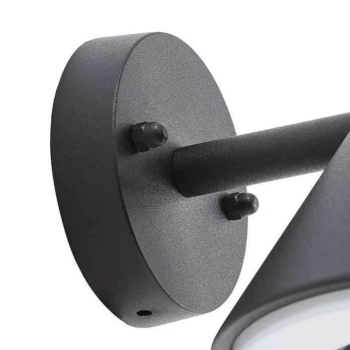 Lindby Außenwandleuchte Soran - schwarz, schwarz, IP44 - Dunkelgraue, strukturierte Metall-Wandleuchte mit zylindrischem Arm und runder Basis, mit Befestigungsdetails.