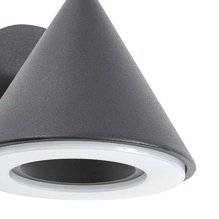 Lindby Außenwandleuchte Soran - schwarz, schwarz, IP44 - Dunkelgraue konische Wandleuchte mit strukturierter Oberfläche und weißem LED-Lichtring.