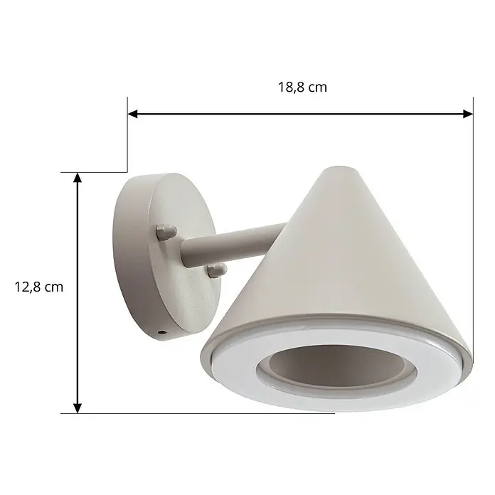 Lindby Außenwandleuchte Soran - alu / grau / zink, alu / grau / zink, IP44 - Beige konische Wandleuchte mit Montageplatte, Maße angegeben.