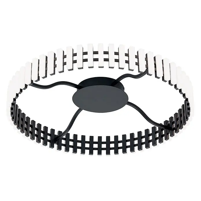 Orion Leuchten LED-Panel rund -  - Moderne runde Deckenleuchte mit schwarzem Gestell, wellenförmigen Armen und weißen rechteckigen Leuchtelementen.