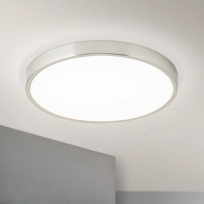 Orion Leuchten LED-Panel rund -  - Runde LED-Deckenleuchte zur direkten Montage mit gebürstetem Metallrahmen und weißem Diffusor.